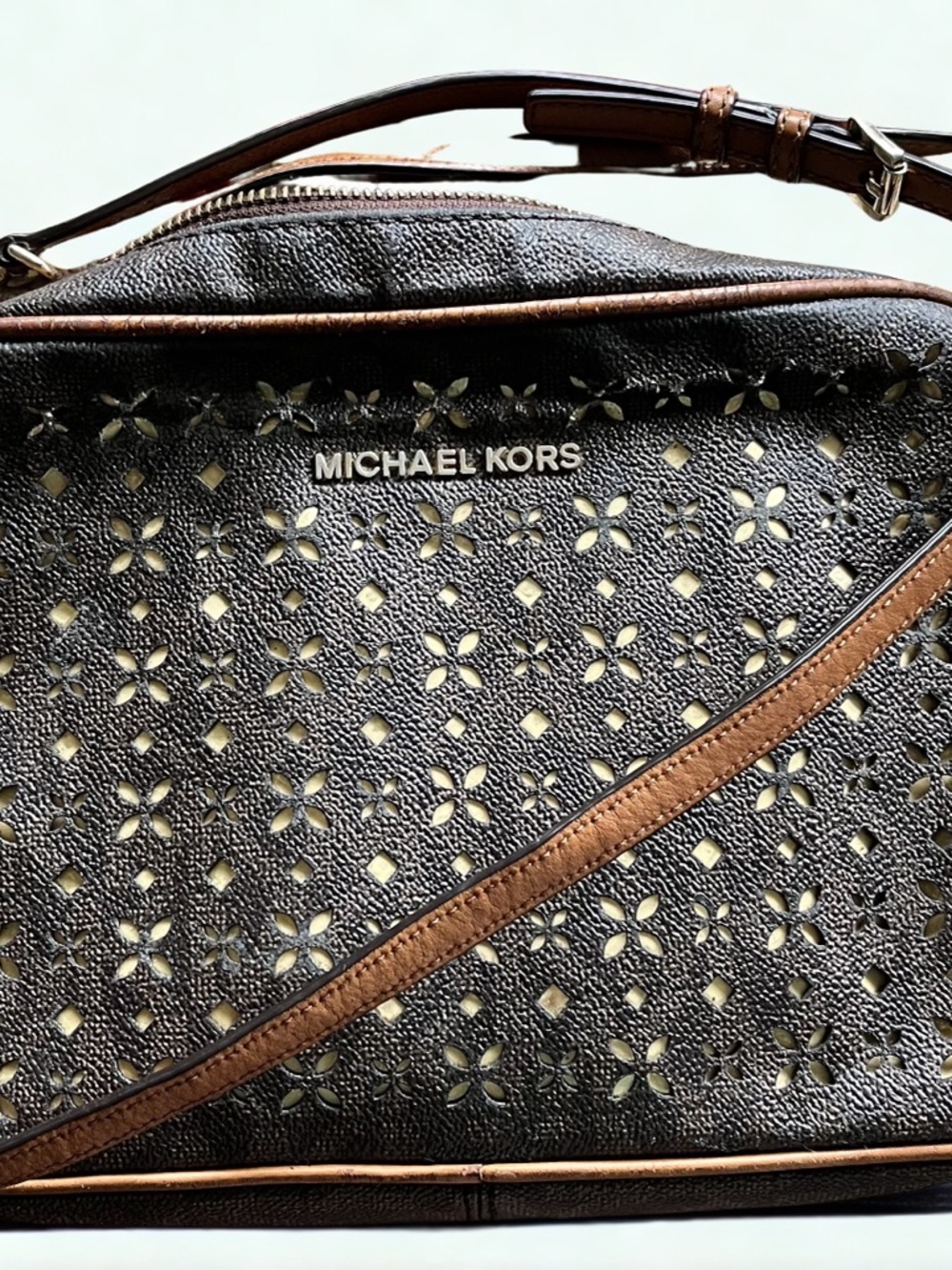 Michael Kors Dark Brown Laser-Cut Leather Crossbody with Cream Lining